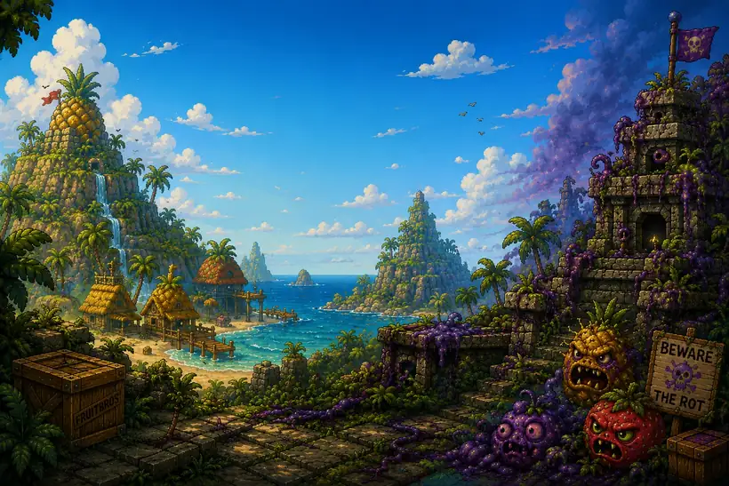 Banana Bay: bahía tropical de Fruitopia con la corrupción de The Rot avanzando por la derecha